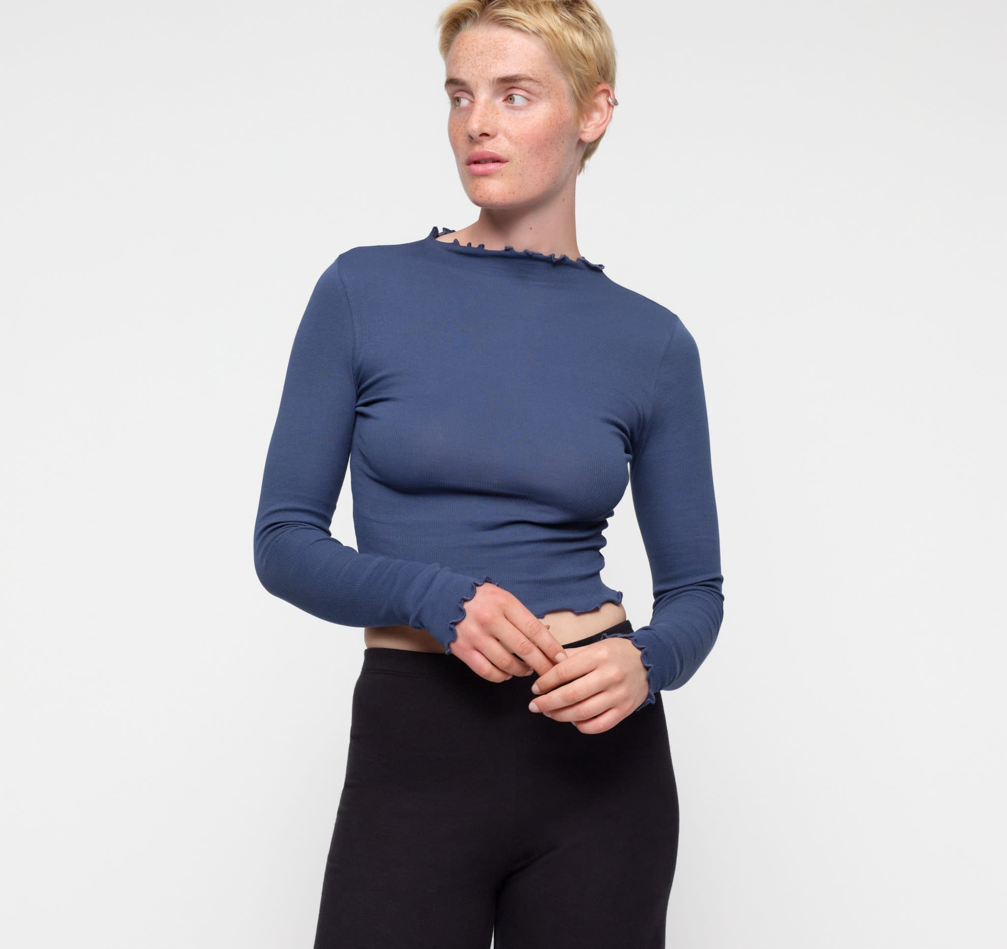 Core Rib Mock Neck Long Sleeve Tee - Storm | Organic Basics