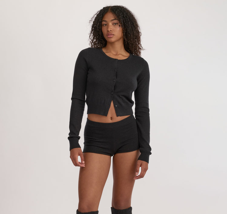 Fine Knit Cropped Cardigan Black L